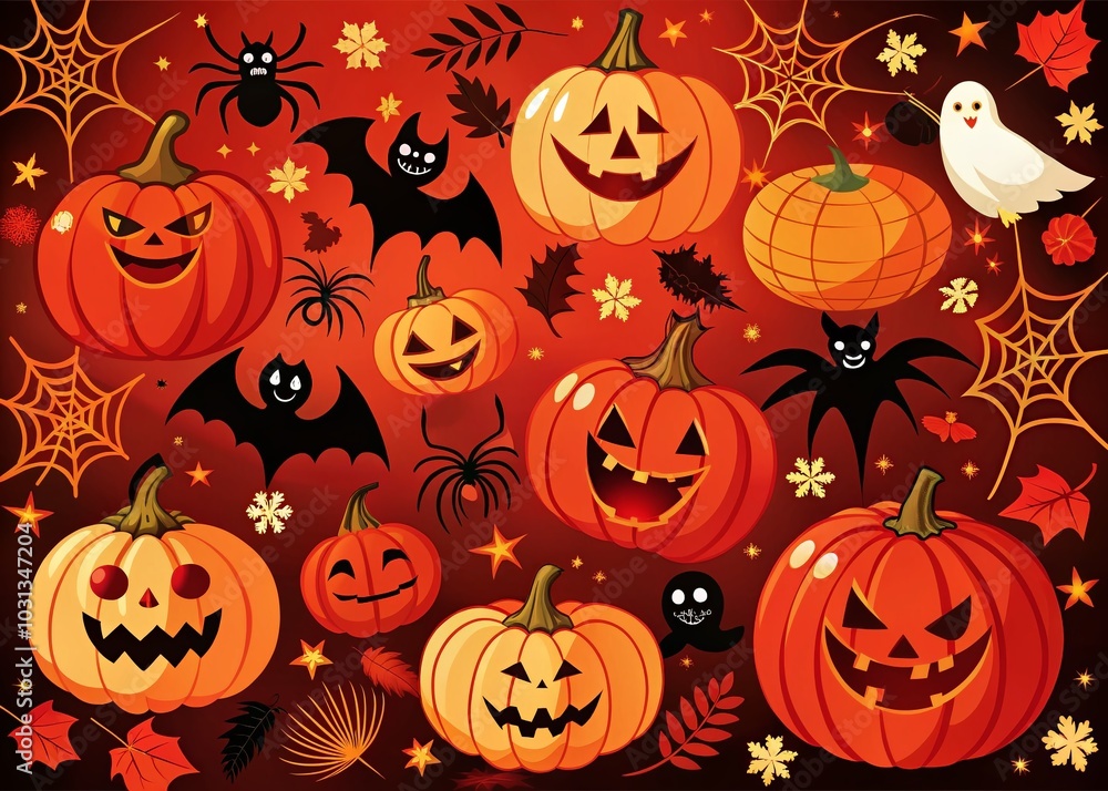 Cute Halloween Doodle Decorations - Vibrant Red, Orange, and Black Silhouettes for Festive Themes Cute Halloween Doodle Decorations - Vibrant Red, Orange, and Black Silhouettes for Festive Themes