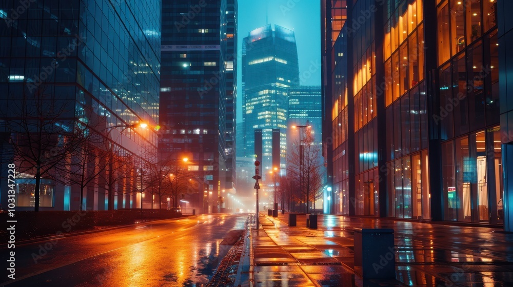 Naklejka premium A city street at night with tall buildings and a foggy atmosphere. The street is wet and the lights from the buildings create a warm and inviting ambiance