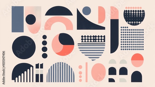 Wallpaper Mural Abstract geometric shapes in pink, blue, and black on a light pink background. Torontodigital.ca