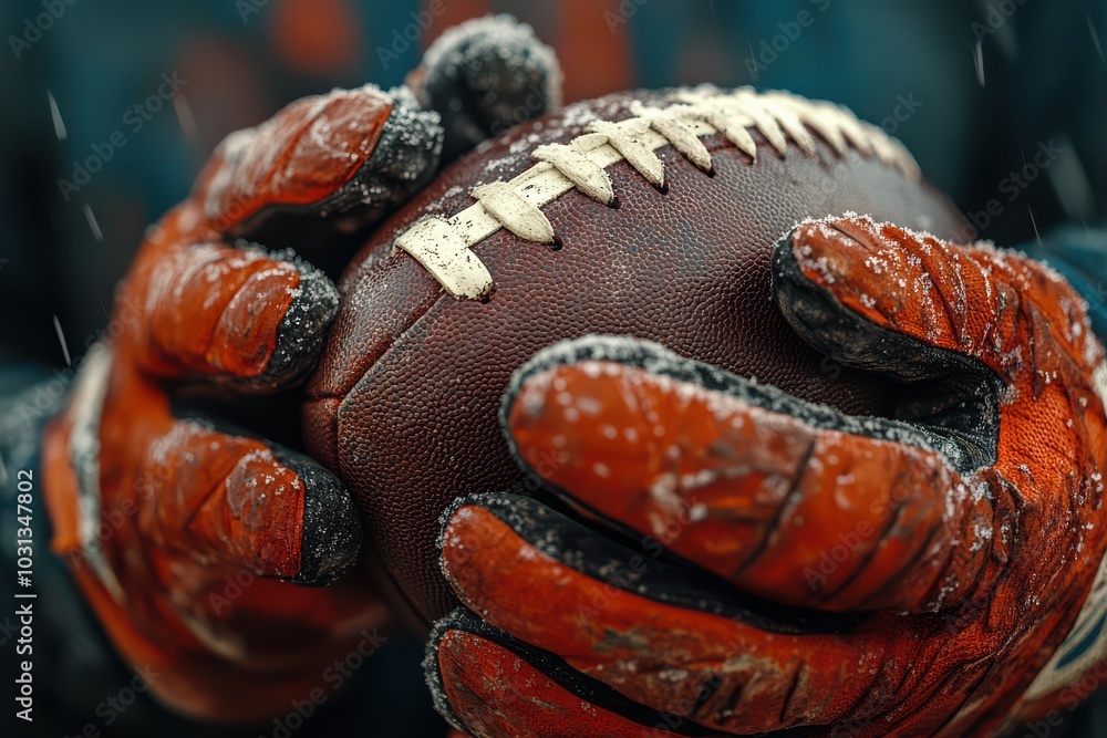 Fototapeta premium American Football in Gloved Hands Covered in Snow.