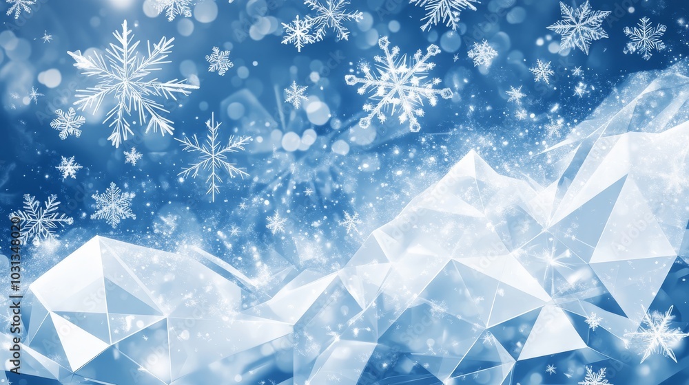 A sparkling winter scene with snowflakes and icy shapes on a blue background, evoking a serene and chilly atmosphere. A sparkling winter scene with snowflakes and icy shapes on a blue background, evoking a serene and chilly atmosphere.