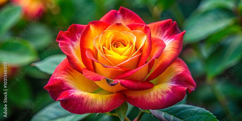 A single rose with crimson and amber petals, bathed in soft light, unfolds gracefully against a backdrop of verdant foliage. A single rose with crimson and amber petals, bathed in soft light, unfolds gracefully against a backdrop of verdant foliage.