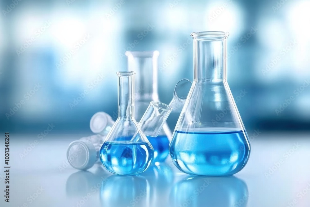 A collection of glass laboratory flasks filled with blue liquid, ideal for scientific, educational, and medical themes. A collection of glass laboratory flasks filled with blue liquid, ideal for scientific, educational, and medical themes.