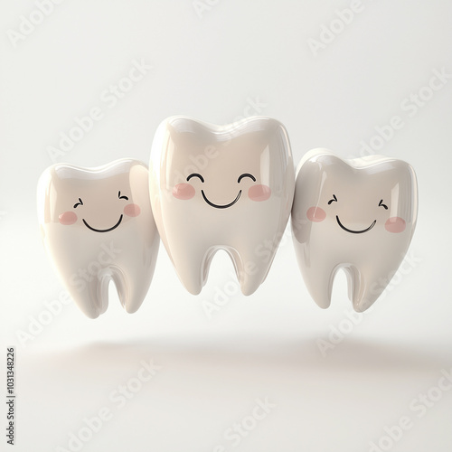 3D character with cute smiling tooth. Three characters are happily jumping isolated on white background.	
