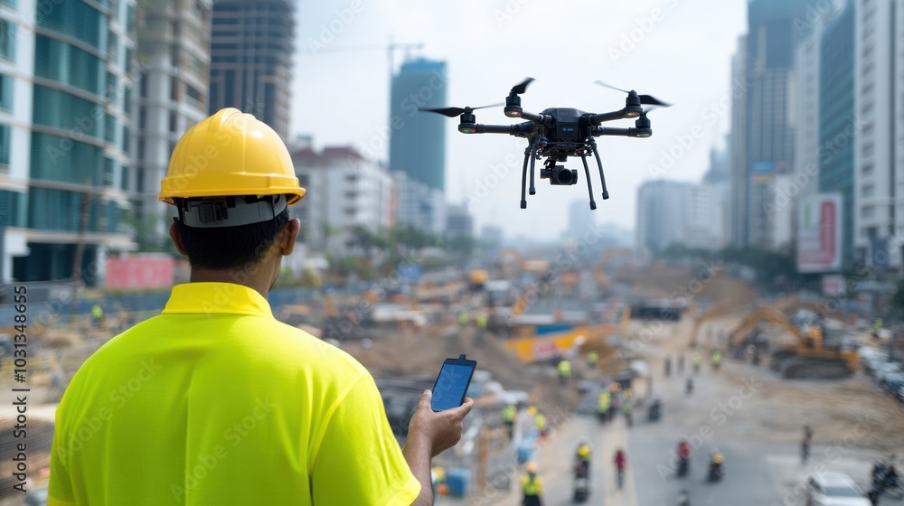 A construction worker controls a drone at a building site, showcasing modern technology in engineering and site management. A construction worker controls a drone at a building site, showcasing modern technology in engineering and site management.