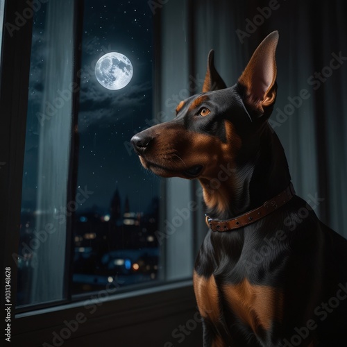 A black and tan Doberman Pinscher dog looks out of a window at the full moon and a city skyline at night.