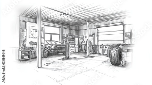 A drawing of a garage with a car on the floor photo