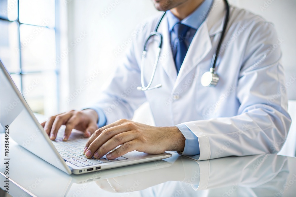 Doctor working on laptop in clinic modern healthcare setting Doctor working on laptop in clinic modern healthcare setting