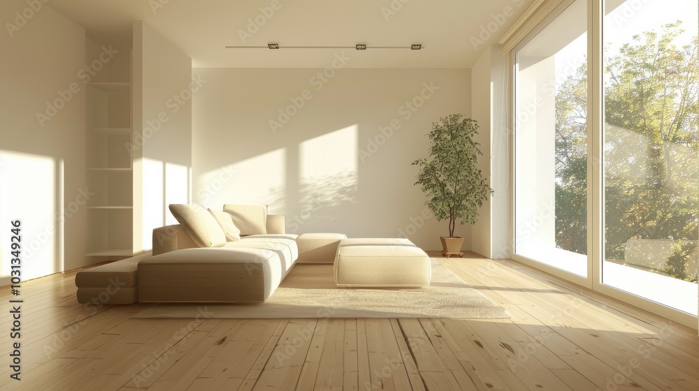 A large white couch sits in a spacious living room with a large window. The room is bright and airy, with a potted plant adding a touch of greenery. The couch is positioned in front of the window A large white couch sits in a spacious living room with a large window. The room is bright and airy, with a potted plant adding a touch of greenery. The couch is positioned in front of the window