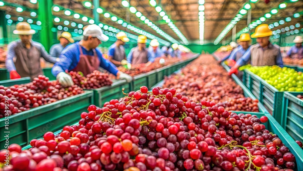 A vibrant display of freshly harvested red grapes, a visual testament to the abundance of nature's bounty, as workers diligently sort and prepare the fruit for distribution. A vibrant display of freshly harvested red grapes, a visual testament to the abundance of nature's bounty, as workers diligently sort and prepare the fruit for distribution.