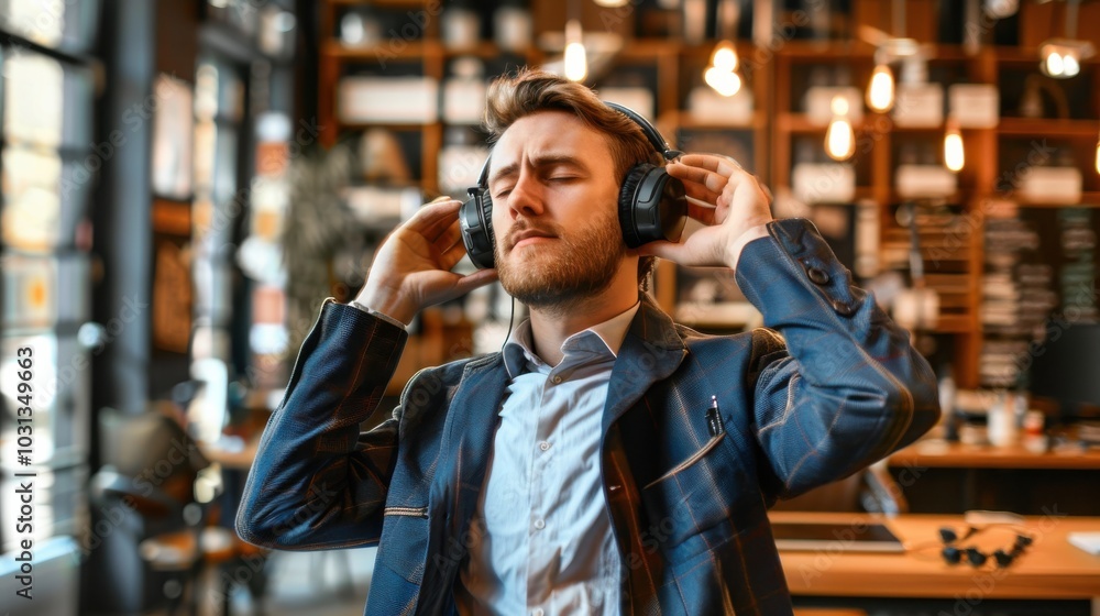 Obraz premium Office worker enjoying music while expressing individuality in a modern workspace at a creative hub during the afternoon