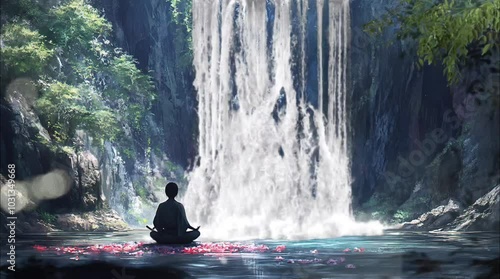 Person meditating by a peaceful waterfall in a lush forest. Seamless looping time-lapse 4k video background