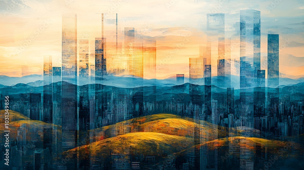 Abstract Cityscape with Hills and Sunset