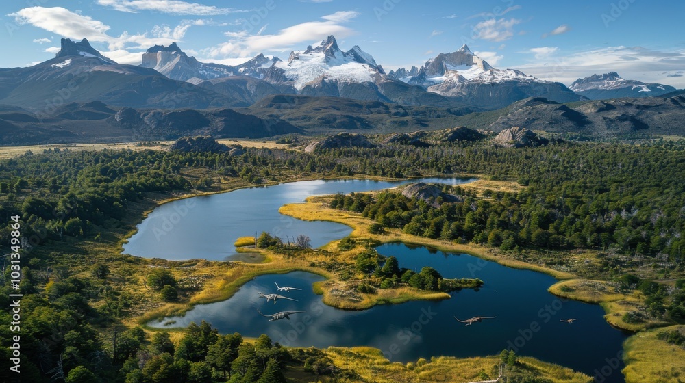 Fototapeta premium Explore a thriving dinosaur ecosystem in Patagonia featuring diverse species amidst forests and lakes