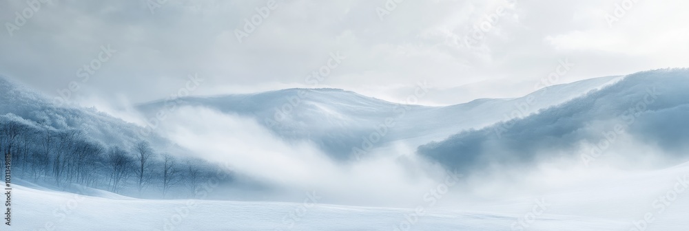 Fototapeta premium A serene winter landscape featuring misty mountains and soft, snowy terrain under a pale sky.