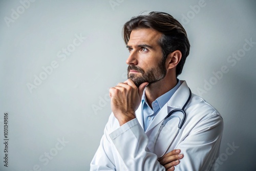 Thoughtful Caucasian doctor in white coat with stethoscope pondering