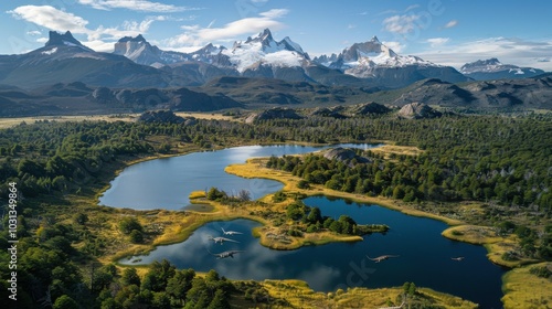 Fototapeta Naklejka Na Ścianę i Meble -  Explore a thriving dinosaur ecosystem in Patagonia featuring diverse species amidst forests and lakes