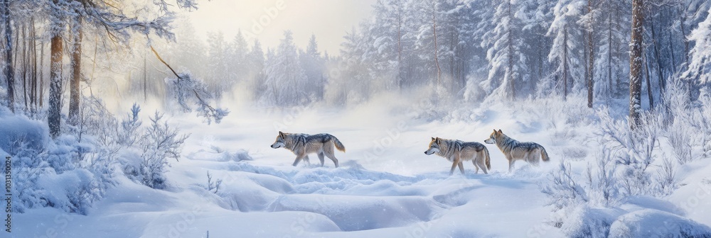 Three wolves traverse a snowy landscape, surrounded by mist and trees, evoking a serene winter atmosphere. Three wolves traverse a snowy landscape, surrounded by mist and trees, evoking a serene winter atmosphere.