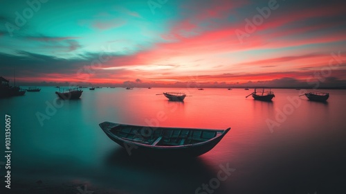 A serene scene of boats anchored in a calm bay at sunrise with a colorful sky.