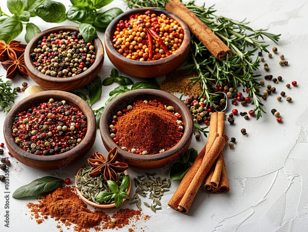 Fototapeta premium A vibrant display of various spices and herbs in bowls, showcasing culinary diversity.