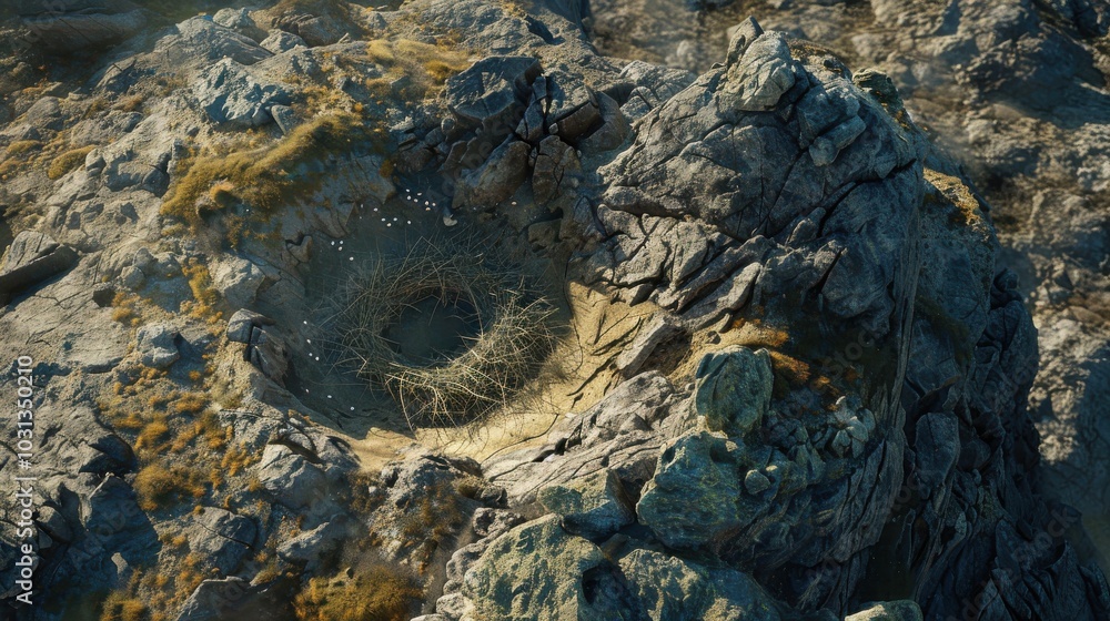 Aerial view of a dinosaur nest with visible eggs on a rocky cliff in Patagonia under bright sunlight Aerial view of a dinosaur nest with visible eggs on a rocky cliff in Patagonia under bright sunlight