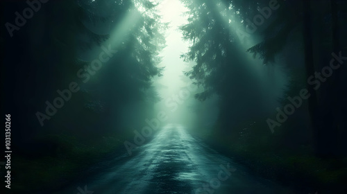 A misty forest road illumin...