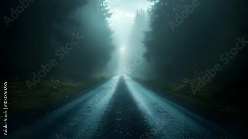 A misty road through a fore...