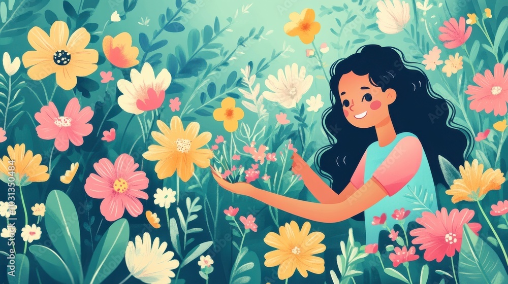 A girl is holding a flower in a field of flowers A girl is holding a flower in a field of flowers