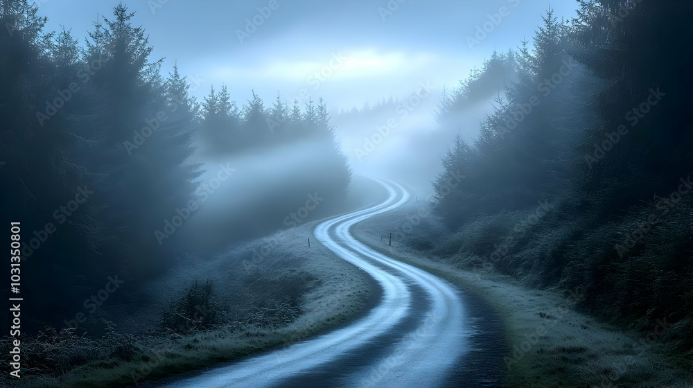 A winding road through a misty forest landscape at dawn. A winding road through a misty forest landscape at dawn.
