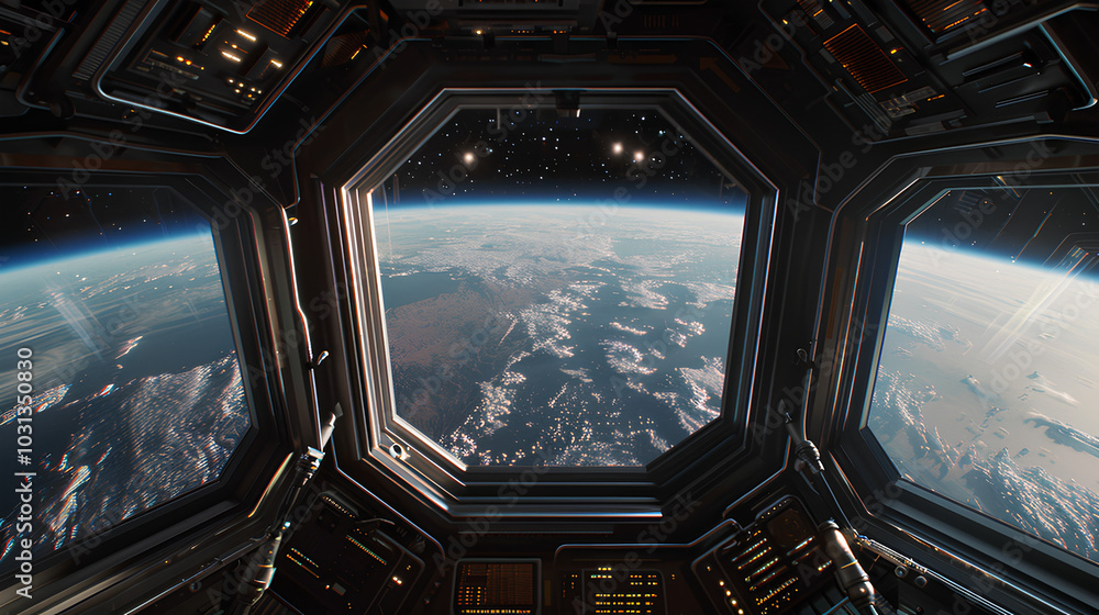 A spaceship window view of Earth, showcasing the planet's curvature, clouds, and the vastness of space. A spaceship window view of Earth, showcasing the planet's curvature, clouds, and the vastness of space.