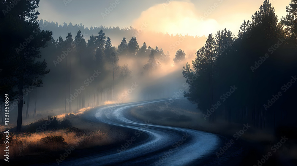 Serene winding road through misty forest at dawn. Serene winding road through misty forest at dawn.