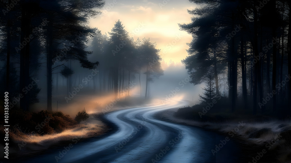 A winding road through a foggy forest at dawn. A winding road through a foggy forest at dawn.