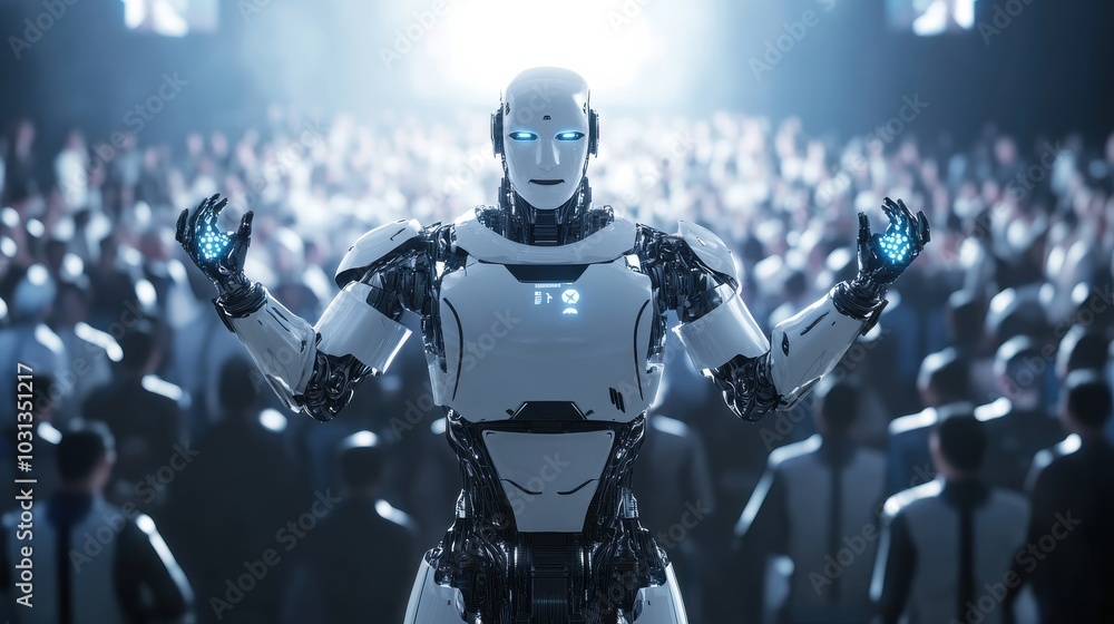 A robotic leader passionately addresses a futuristic rally crowd, articulating the principles of robotics with enthusiasm A robotic leader passionately addresses a futuristic rally crowd, articulating the principles of robotics with enthusiasm