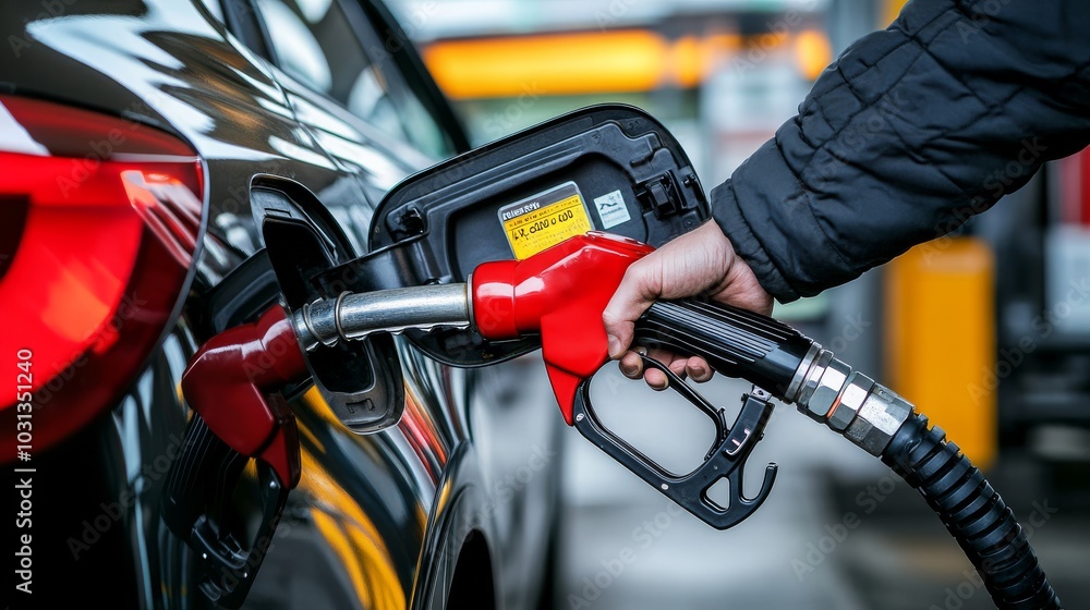 A person refuels a black car at a gas station, gripping the fuel pump nozzle with a bright red handle. A person refuels a black car at a gas station, gripping the fuel pump nozzle with a bright red handle.
