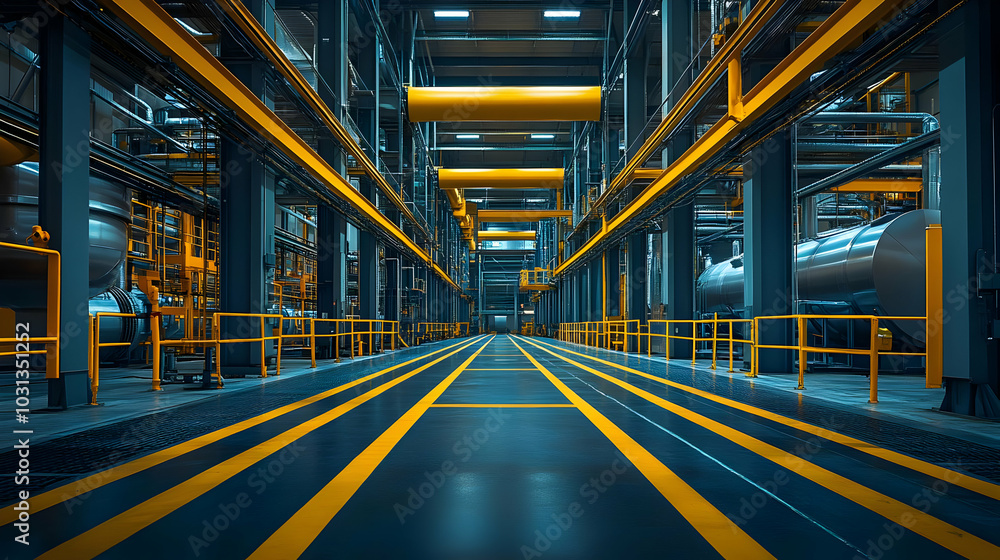 Fototapeta premium Industrial interior with yellow lines and tanks in a factory setting.