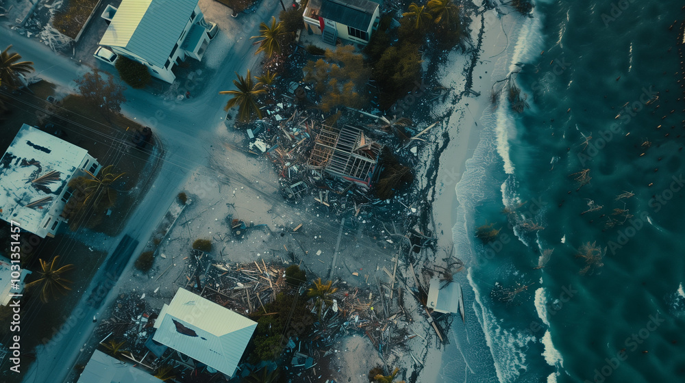 Naklejka premium Aerial View of a Coastal Town Devastated by a Hurricane, Showcasing Uprooted Trees, Collapsed Buildings, and Debris Scattered Across the Streets, While Ocean Waves Crash Against the Shore, Illustratin