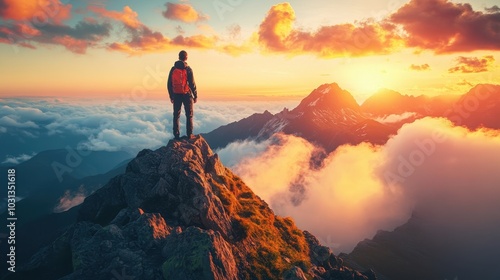 Adventurous Hiker Standing on Mountain Peak at Sunrise with Dramatic Clouds and Vibrant Sky