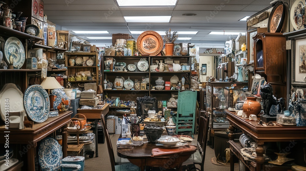 A cluttered room with many items on shelves and tables. The room has a vintage feel to it A cluttered room with many items on shelves and tables. The room has a vintage feel to it