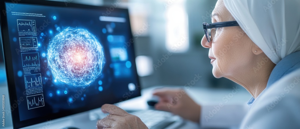 A focused woman analyzes digital data on a computer screen, showcasing modern technology and scientific exploration. A focused woman analyzes digital data on a computer screen, showcasing modern technology and scientific exploration.