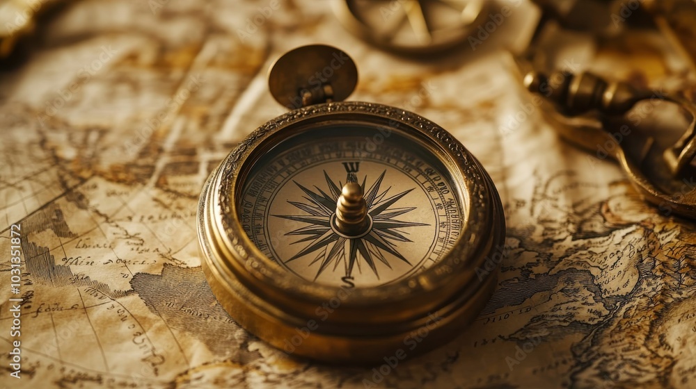 A compass is on a map with a compass rose. The compass is pointing to the right. The map is old and has a vintage feel A compass is on a map with a compass rose. The compass is pointing to the right. The map is old and has a vintage feel