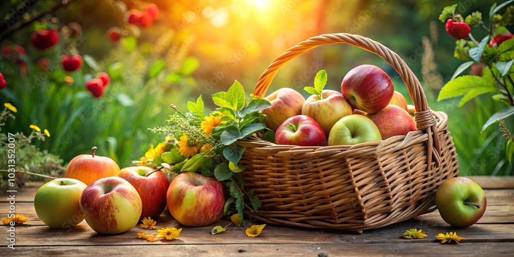 A wicker basket overflowing with freshly picked apples, nestled amidst a vibrant display of wildflowers and lush green foliage, bathed in the warm glow of the setting sun. A wicker basket overflowing with freshly picked apples, nestled amidst a vibrant display of wildflowers and lush green foliage, bathed in the warm glow of the setting sun.