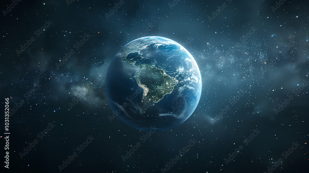 An image of planet Earth from space at night, showcasing city lights and clouds. An image of planet Earth from space at night, showcasing city lights and clouds.