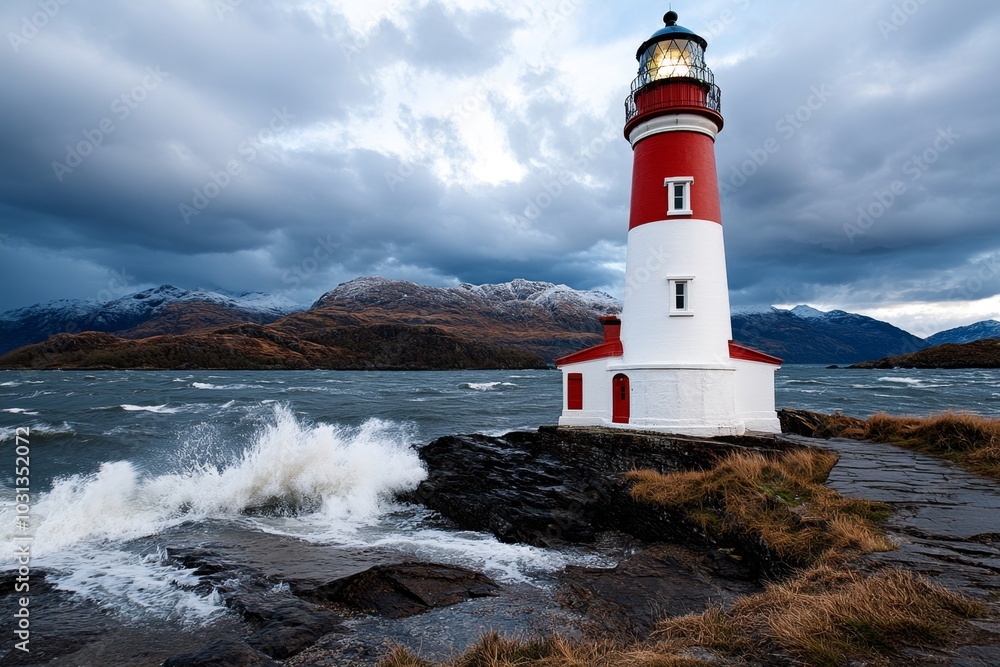 A lighthouse standing against stormy skies, with waves crashing against the rocks below A lighthouse standing against stormy skies, with waves crashing against the rocks below
