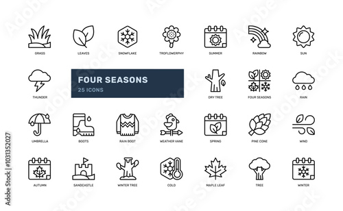 four seasons nature weather autumn winter spring summer outline line icon set