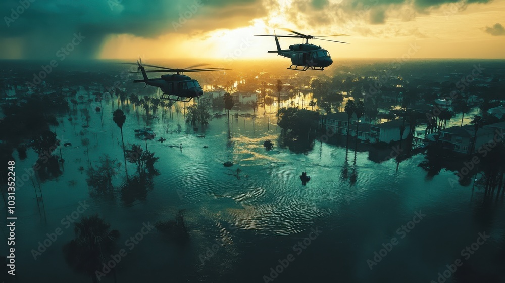 Fototapeta premium National Guard helicopters conduct search and rescue operations over a flooded city after a hurricane at sunset