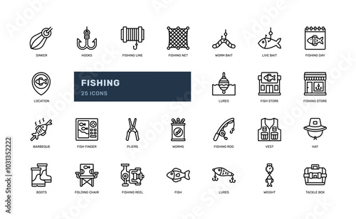 fishing fish hobby and aquaculture tools and equipment detailed outline line icon set