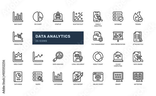 Data analysis statistic for big data interpretation outline line icon set