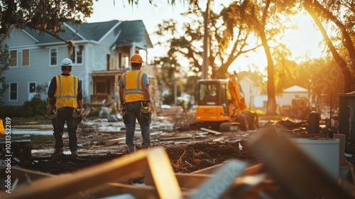 Construction workers repair hurricane damage in a small town, promoting community recovery and hope during rebuilding efforts