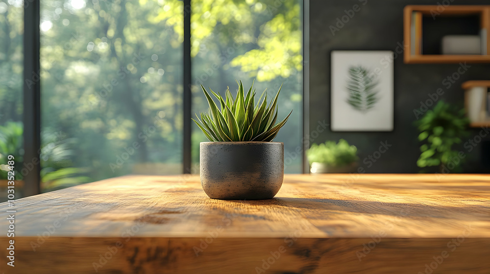 Fototapeta premium A potted plant on a wooden table in a sunlit room.