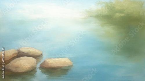 Tranquil Water Scene with Soft Rocks and Misty Background